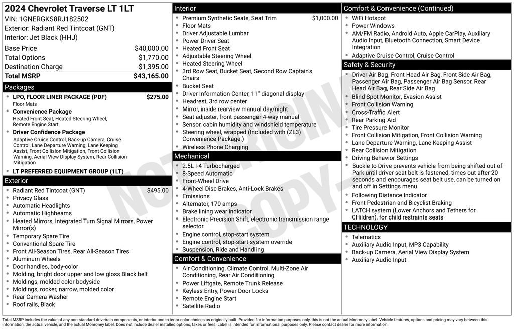 Used 2024 Chevrolet Traverse LT w/ LPO, Floor Liner Package FWD image 13
