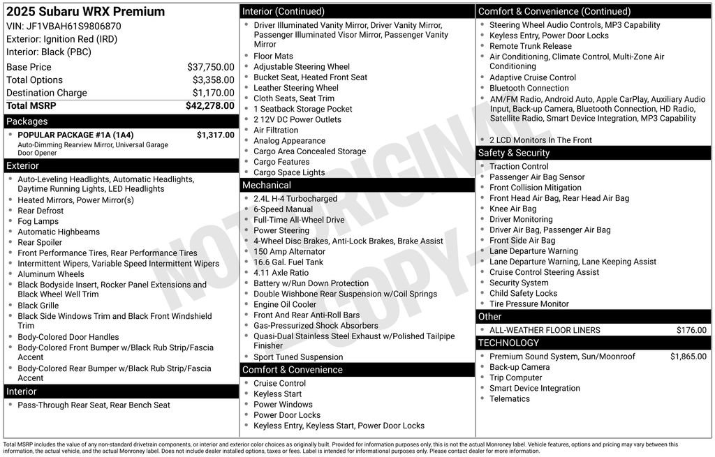 New 2025 Subaru WRX Premium w/ Popular Package #1A image 39