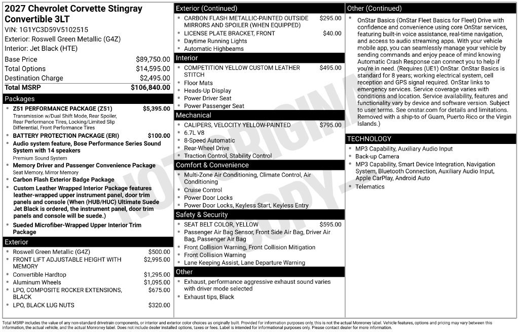 New 2027 Chevrolet Corvette Stingray Convertible w/ Z51 Performance Package RWD image 31