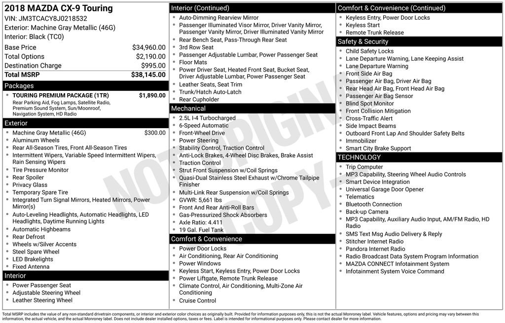 Used 2018 MAZDA CX-9 Touring w/ Touring Premium Package FWD image 2