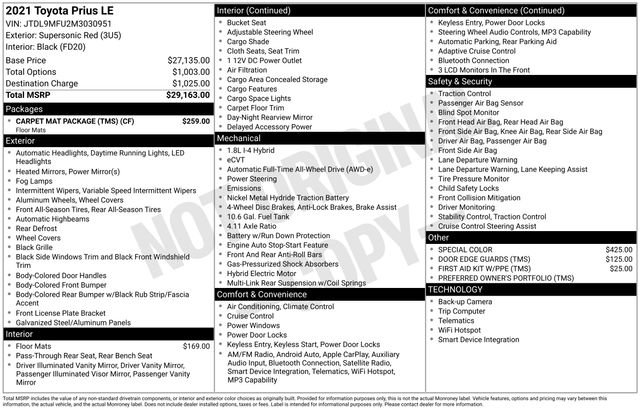 Used 2021 Toyota Prius LE w/ Carpet Mat Package (TMS) AWD/4WD image 12