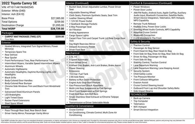 Certified 2022 Toyota Camry SE w/ Carpet Mat Package (TMS) FWD image 32