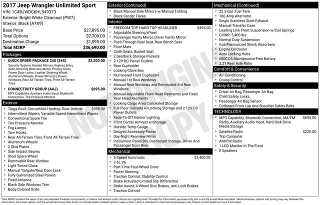 Used 2017 Jeep Wrangler Unlimited Sport w/ Quick Order Package 24S AWD/4WD image 35