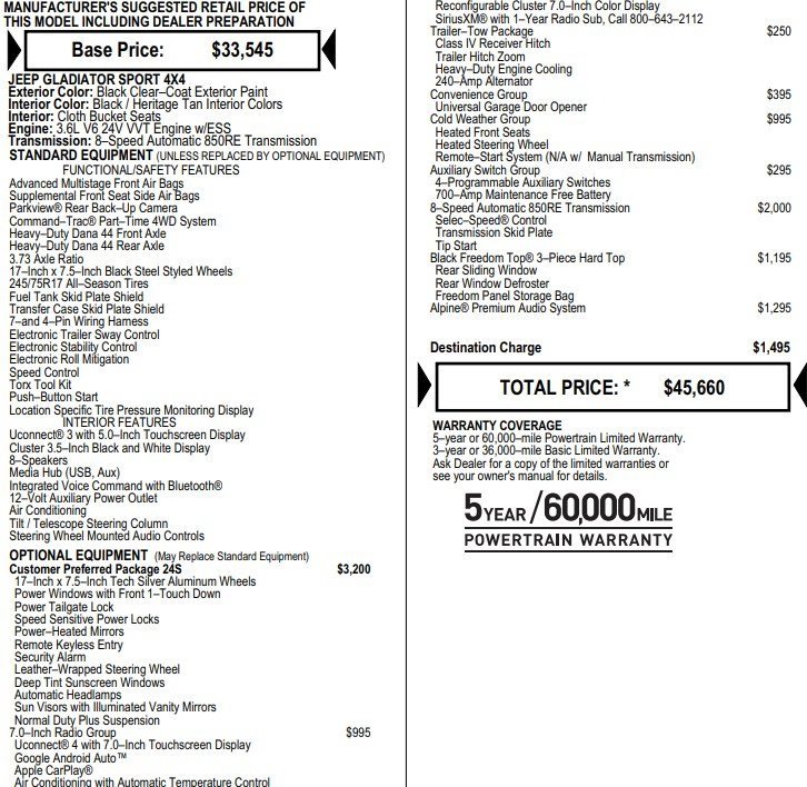 Used 2020 Jeep Gladiator Sport w/ Quick Order Package 24S image 2