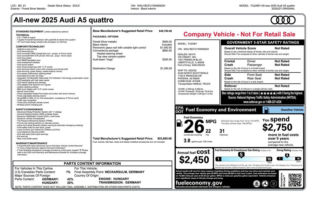 Used 2025 Audi A5 Premium w/ Convenience Package AWD/4WD image 4