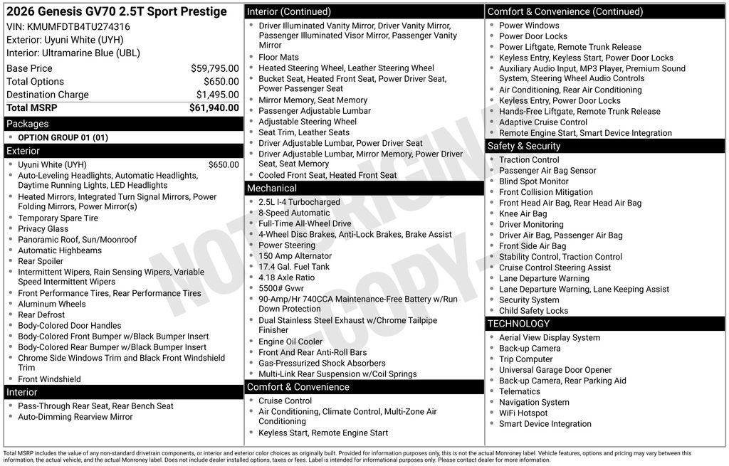 New 2026 Genesis GV70 2.5T Sport Prestige AWD/4WD image 2