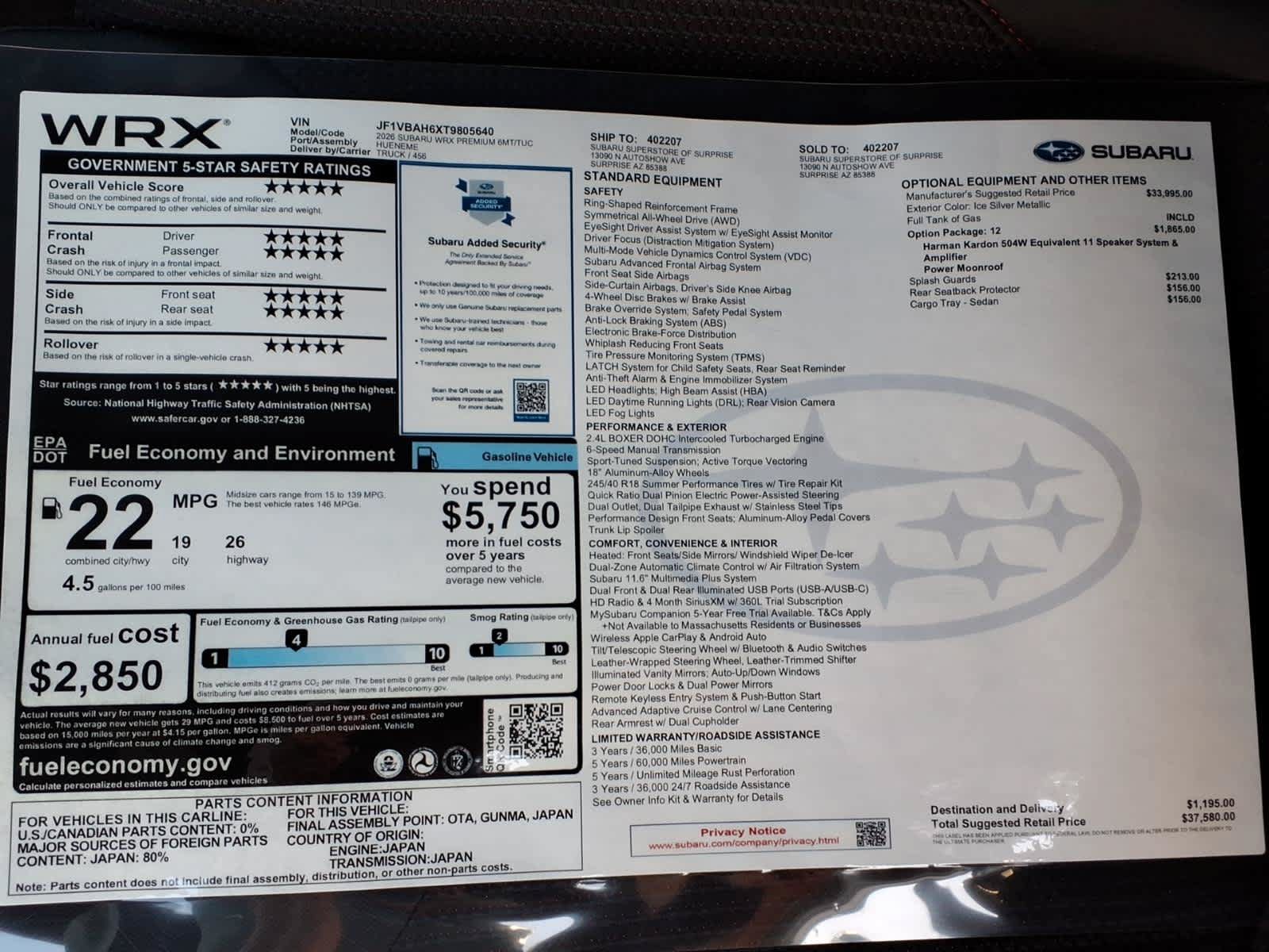 New 2026 Subaru WRX Premium AWD/4WD image 43