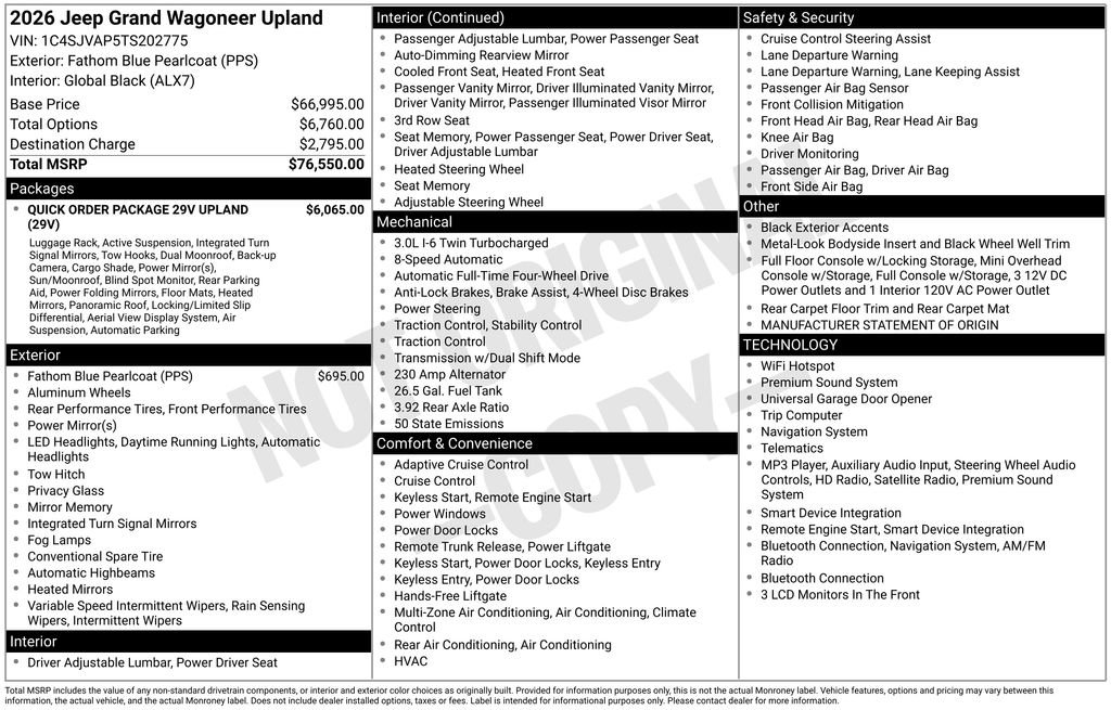 New 2026 Jeep Grand Wagoneer 4WD w/ Quick Order Packge 29V Upland image 4