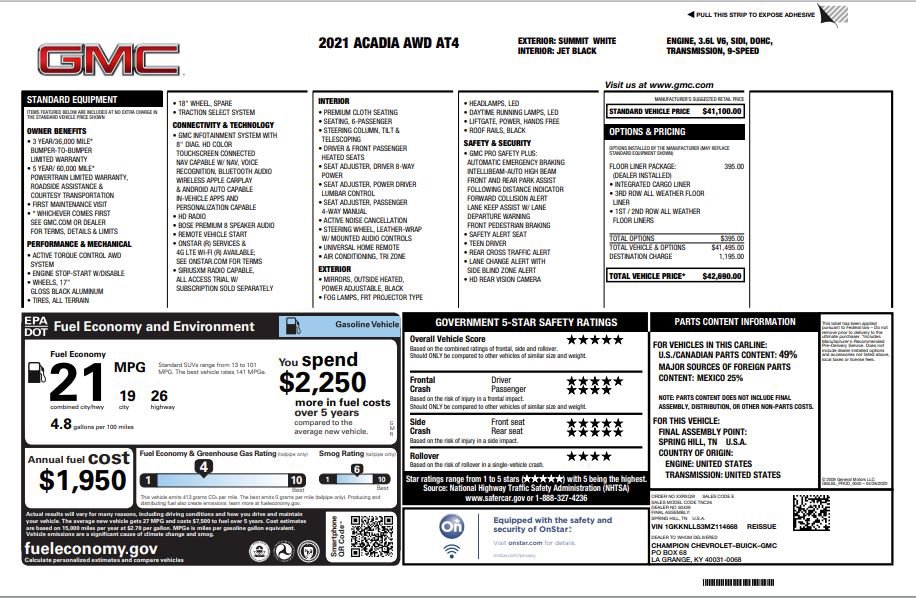 Used 2021 GMC Acadia AT4 w/ LPO, Floor Liner Package image 3