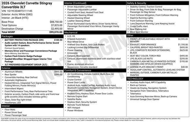 New 2026 Chevrolet Corvette Stingray Premium Conv w/ Battery Protection Package