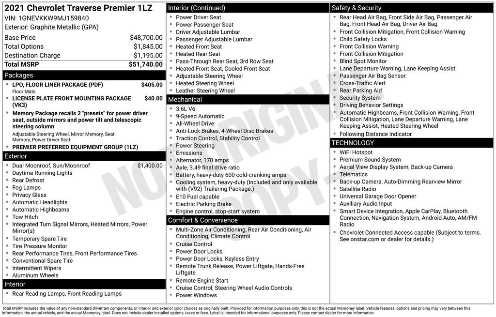 Used 2021 Chevrolet Traverse Premier w/ LPO, Floor Liner Package AWD/4WD image 9