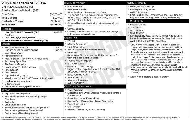 Used 2019 GMC Acadia SLE w/ LPO, Floor Liner Package FWD image 8