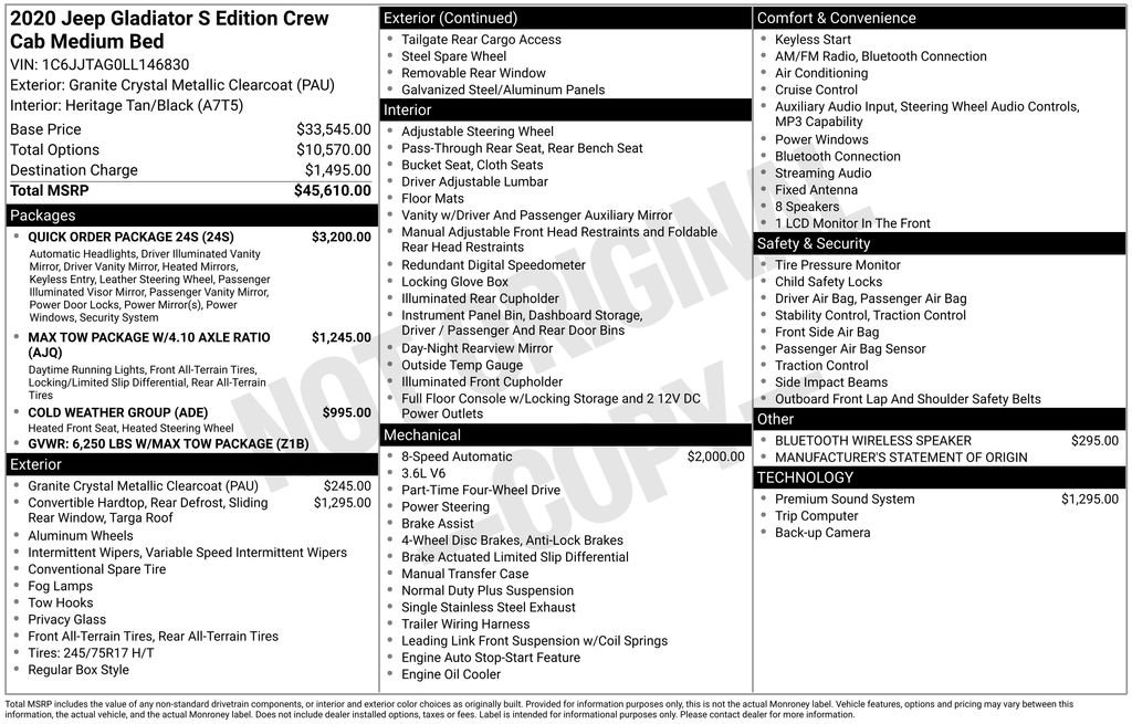 Certified 2020 Jeep Gladiator Sport w/ Quick Order Package 24S image 38