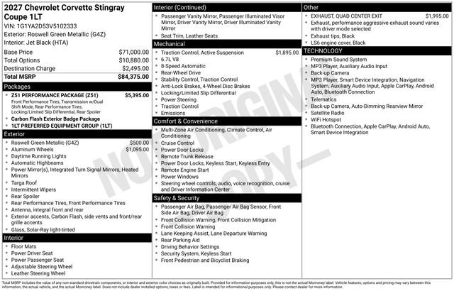 New 2027 Chevrolet Corvette Stingray Coupe w/ Z51 Performance Package RWD image 5