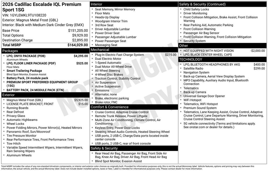 New 2026 Cadillac Escalade IQL Sport 2 w/ LPO, ONYX Package AWD/4WD image 44