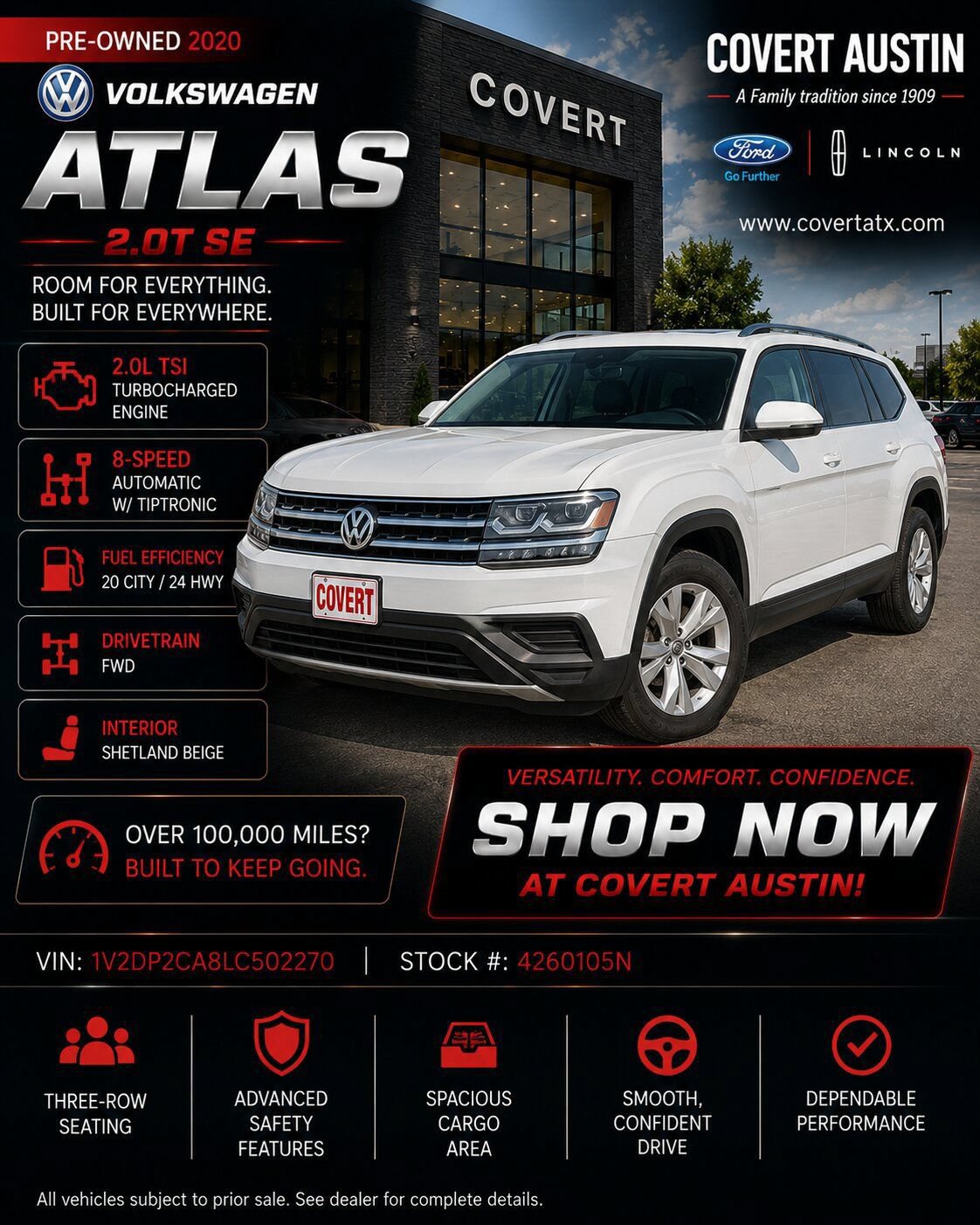 Used 2020 Volkswagen Atlas SE FWD image 1