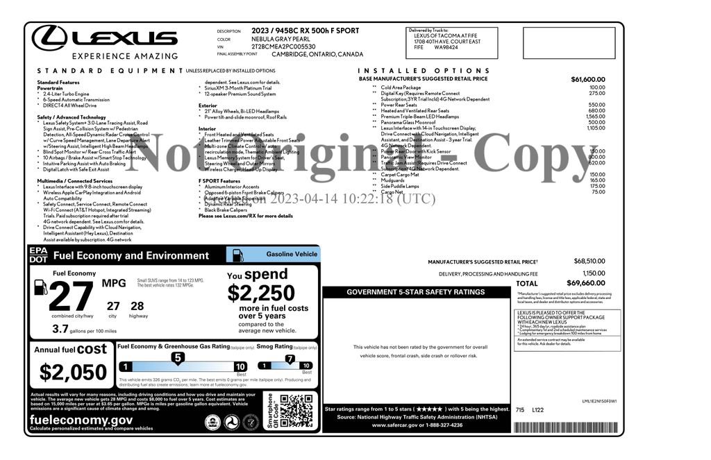 Used 2023 Lexus RX 500h F Sport w/ Cold Area Package AWD/4WD image 2