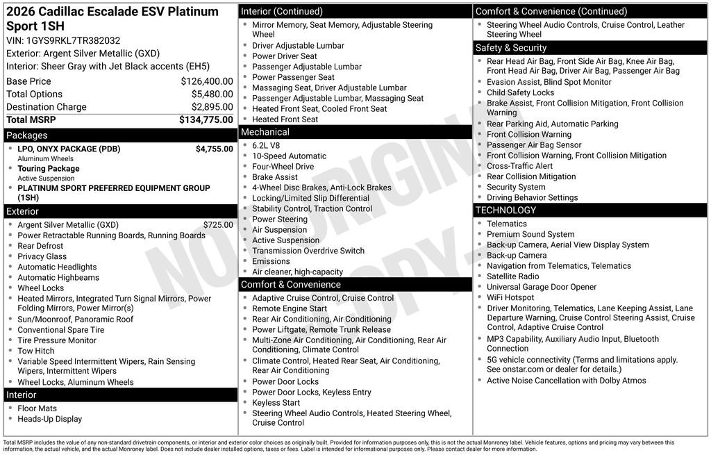 New 2026 Cadillac Escalade ESV Platinum Sport w/ LPO, ONYX Package AWD/4WD image 4
