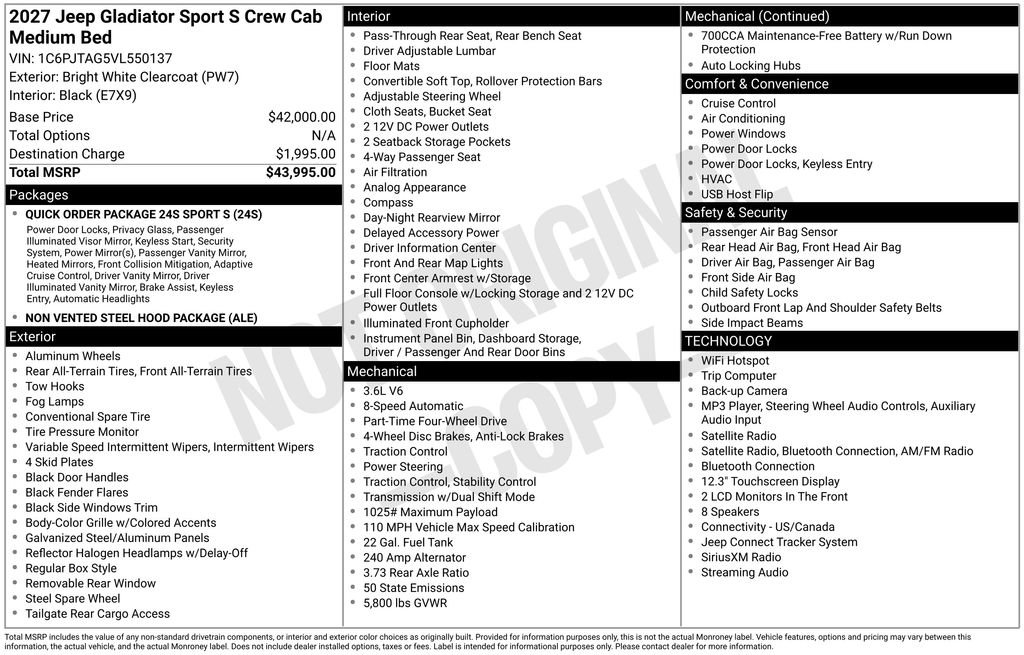 New 2027 Jeep Gladiator Sport AWD/4WD image 2