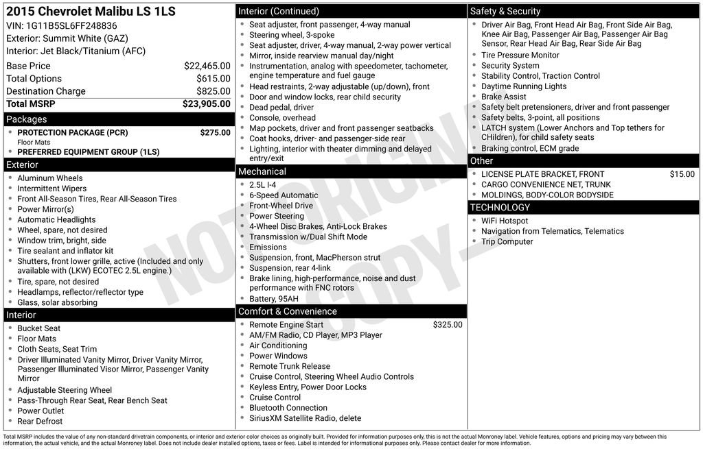 Used 2015 Chevrolet Malibu LS w/ Protection Package FWD image 2