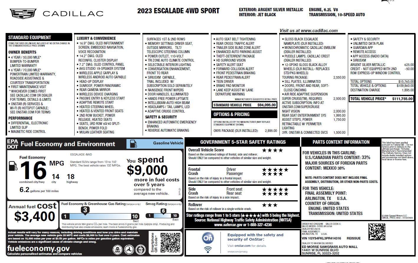 Used 2023 Cadillac Escalade Sport w/ LPO, ONYX Package AWD/4WD image 3