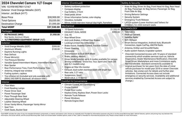 Used 2024 Chevrolet Camaro LT w/ RS Package RWD image 28