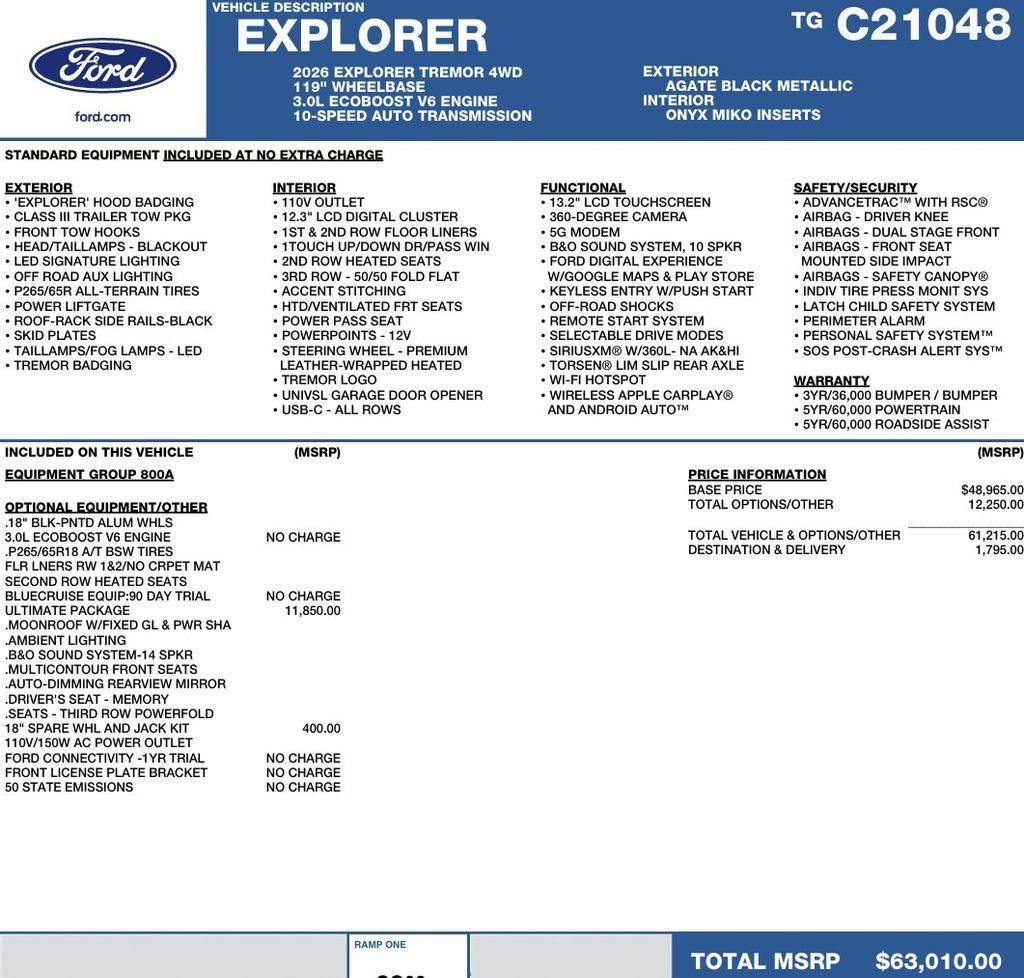 New 2026 Ford Explorer Tremor w/ Tremor Ultimate Package AWD/4WD image 2