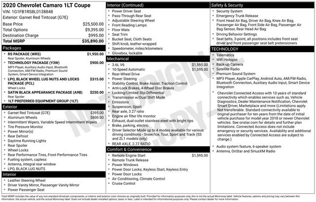 Certified 2020 Chevrolet Camaro LT w/ RS Package RWD image 23