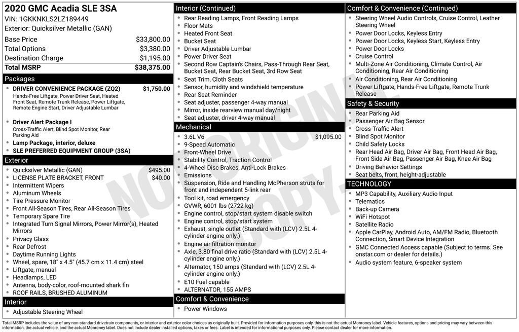 Certified 2020 GMC Acadia SLE w/ Driver Convenience Package FWD image 10