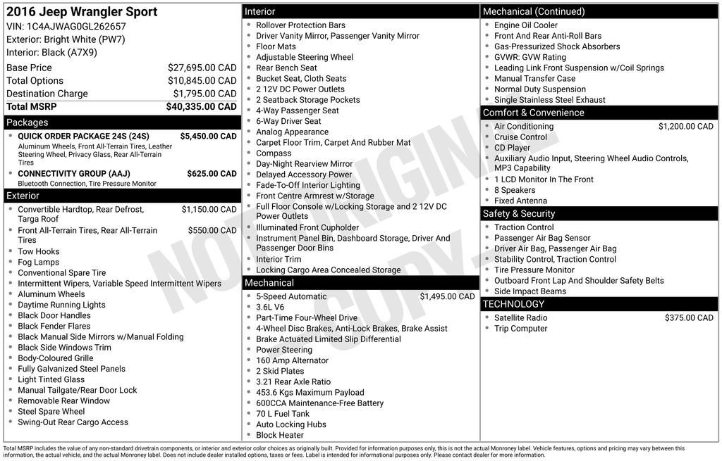 Used 2016 Jeep Wrangler Sport w/ Quick Order Package 24S AWD/4WD image 45