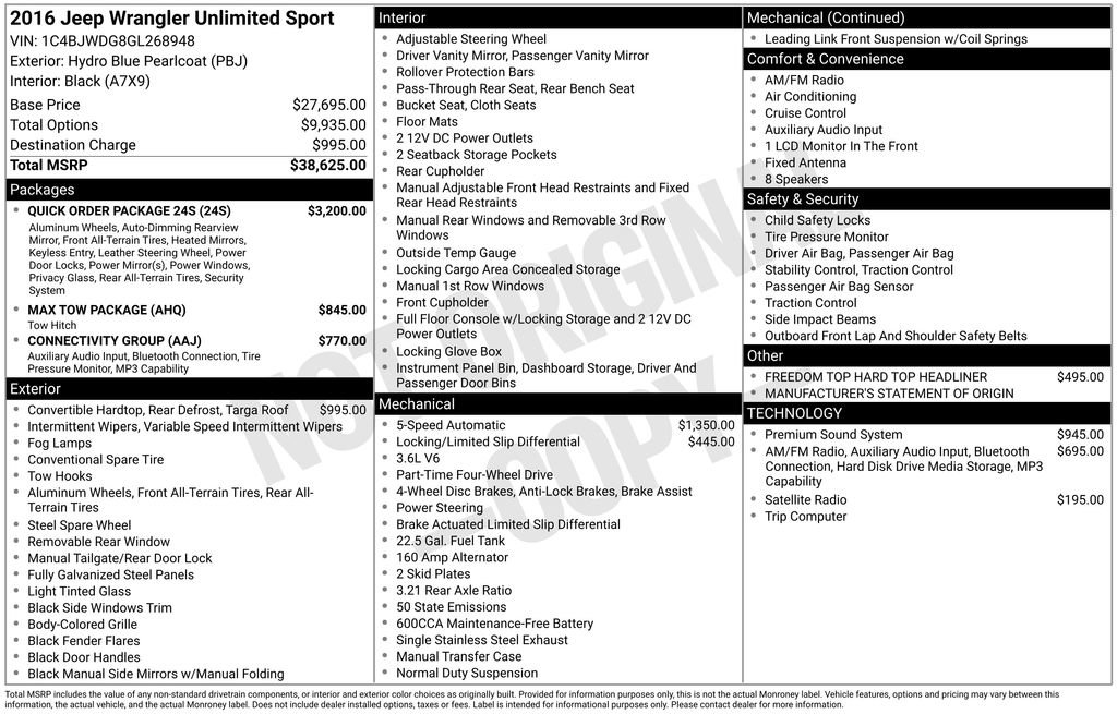 Used 2016 Jeep Wrangler Unlimited Sport w/ Quick Order Package 24S AWD/4WD image 5