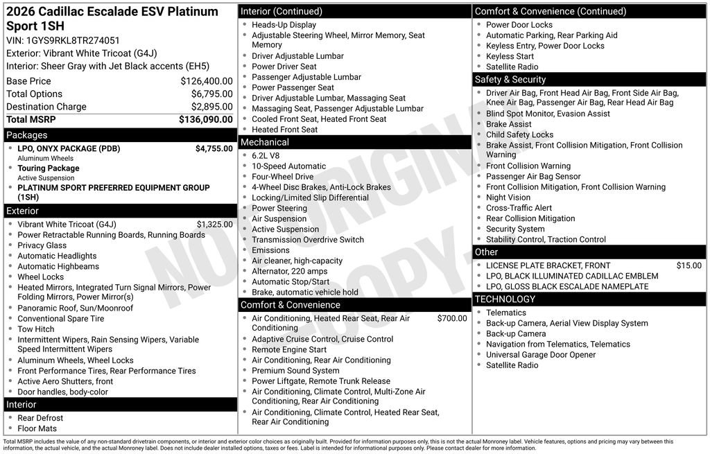 New 2026 Cadillac Escalade ESV Platinum Sport w/ LPO, ONYX Package AWD/4WD image 47