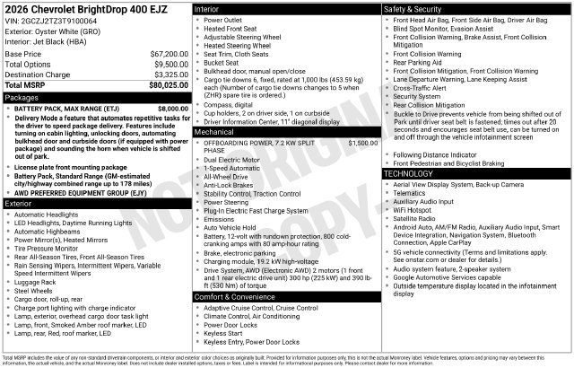 New 2026 Chevrolet Brightdrop 400 w/ Battery Pack, Max Range AWD/4WD image 2