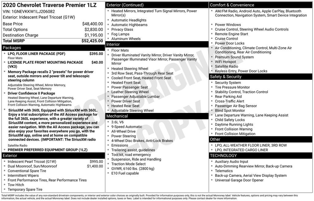 Used 2020 Chevrolet Traverse Premier w/ LPO, Floor Liner Package AWD/4WD image 6