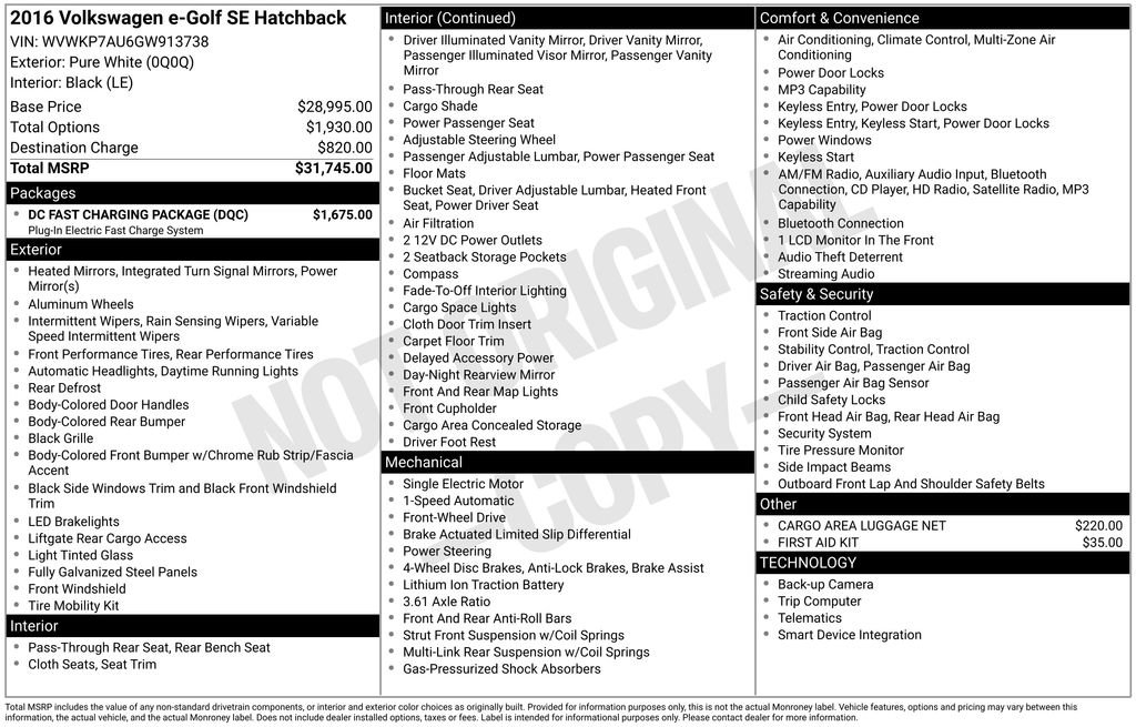 Used 2016 Volkswagen e-Golf SE w/ DC Fast Charging Package FWD image 28
