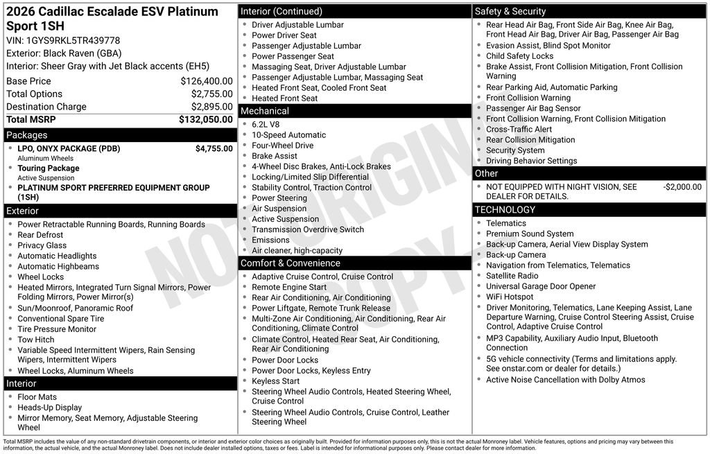 New 2026 Cadillac Escalade ESV Platinum Sport w/ LPO, ONYX Package AWD/4WD image 4
