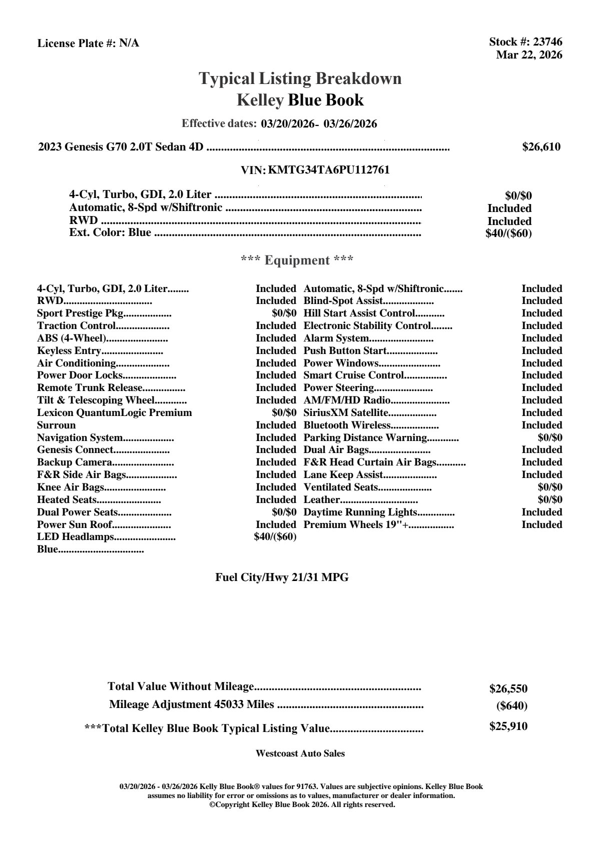 Used 2023 Genesis G70 2.0T w/ Sport Prestige Package image 4