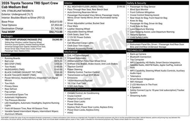 New 2026 Toyota Tacoma TRD Sport w/ TRD Sport Upgrade Package