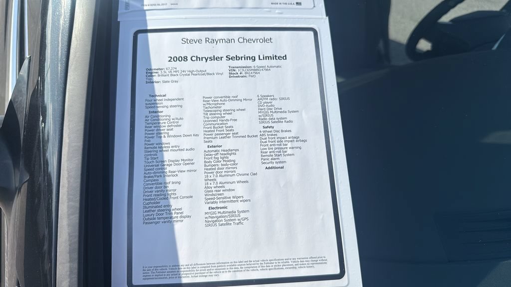 Used 2008 Chrysler Sebring Limited w/ Luxury Group FWD image 27