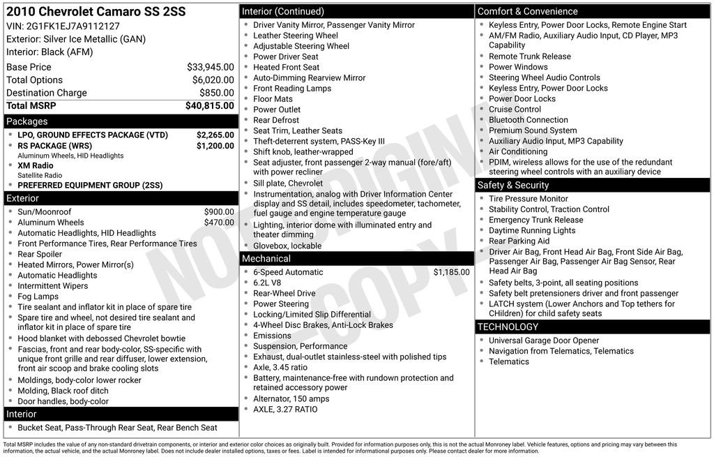 Used 2010 Chevrolet Camaro SS w/ LPO, Ground Effects Package RWD image 11