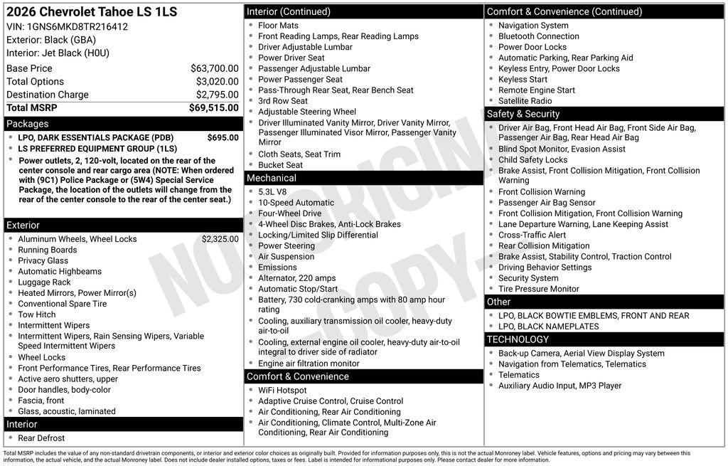 New 2026 Chevrolet Tahoe LS w/ LPO, Dark Essentials Package image 26