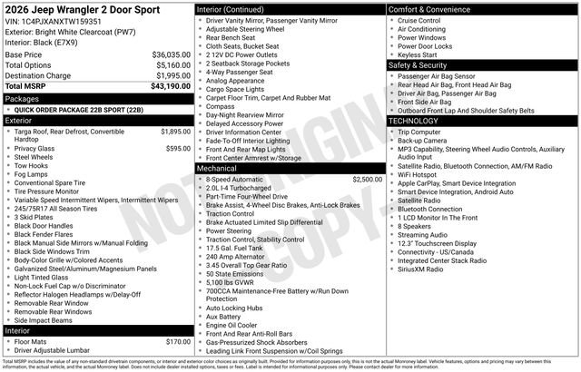 New 2026 Jeep Wrangler Sport AWD/4WD image 17