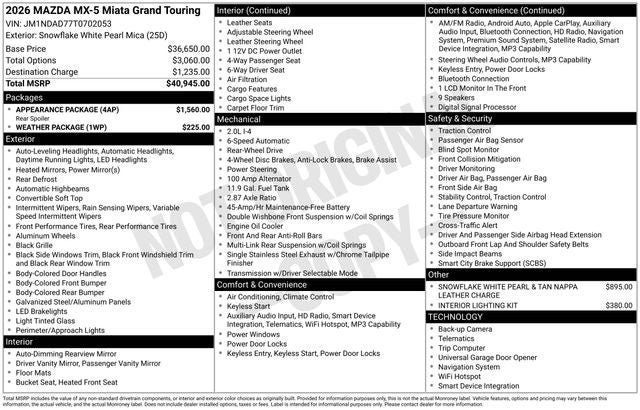 New 2026 MAZDA MX-5 Miata Grand Touring w/ Appearance Package RWD image 34