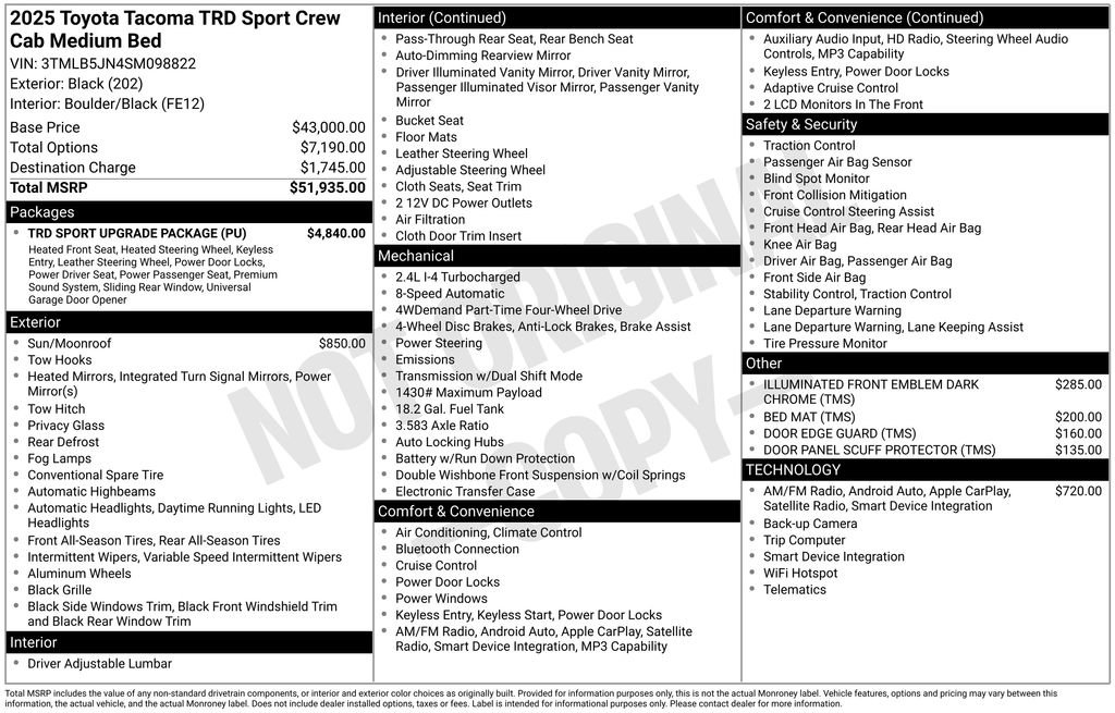 Used 2025 Toyota Tacoma TRD Sport w/ TRD Sport Upgrade Package