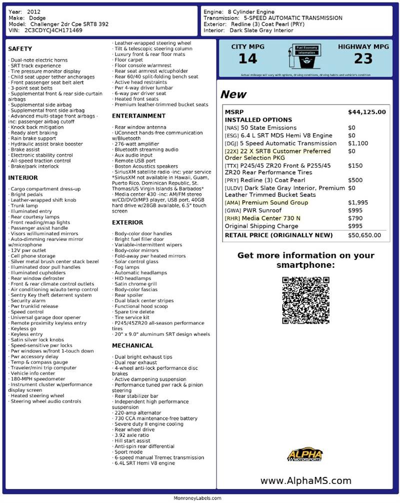 Used 2012 Dodge Challenger SRT8 w/ Premium Sound Group image 3