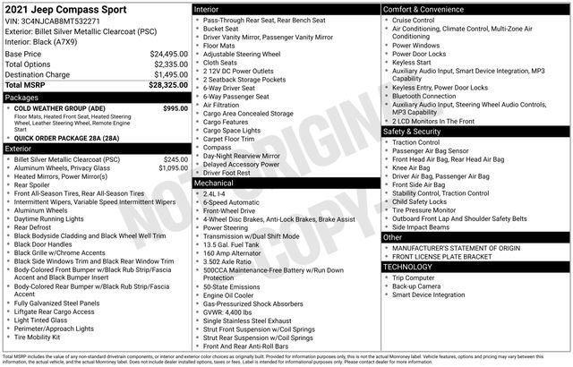 Used 2021 Jeep Compass Sport w/ Cold Weather Group FWD image 20