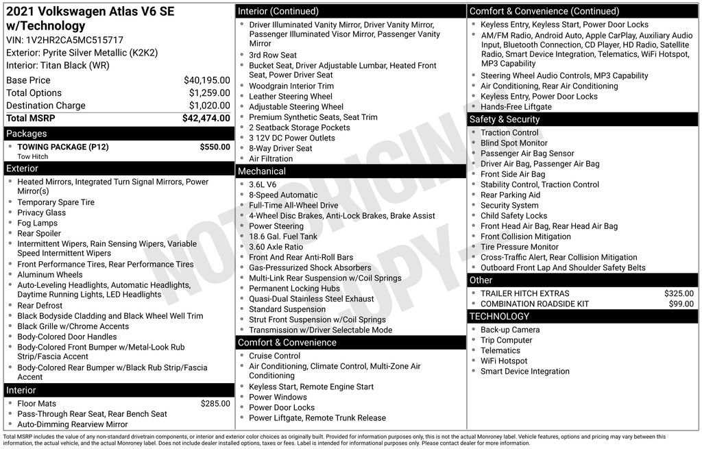 Used 2021 Volkswagen Atlas SE w/ Towing Package AWD/4WD image 2