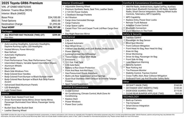 Used 2025 Toyota GR86 Premium w/ ALL Weather Mat Package (TMS) RWD image 29