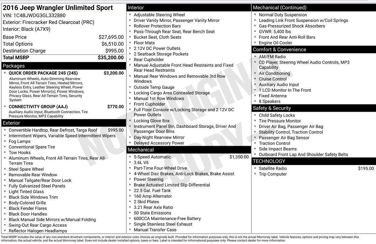 Used 2016 Jeep Wrangler Unlimited Sport w/ Quick Order Package 24S AWD/4WD image 3