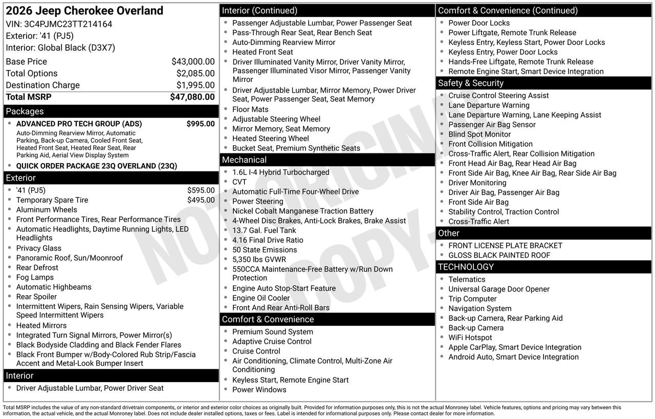 New 2026 Jeep Cherokee Overland w/ Advanced Pro Tech Group AWD/4WD image 31
